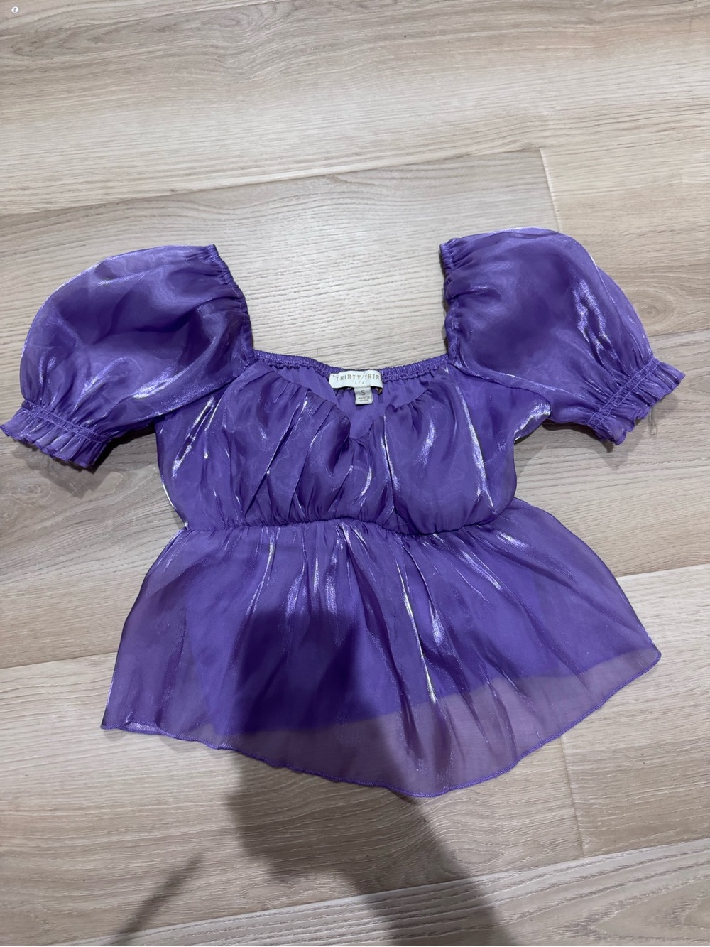 Shimmer Purple Puff-Sleeve Peplum Blouse by Twenty One